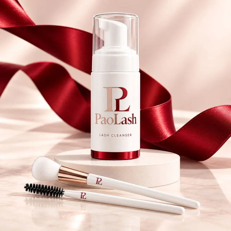PaoLash lash cleanser with a cleansing brush and spoolie, displayed with a burgundy ribbon