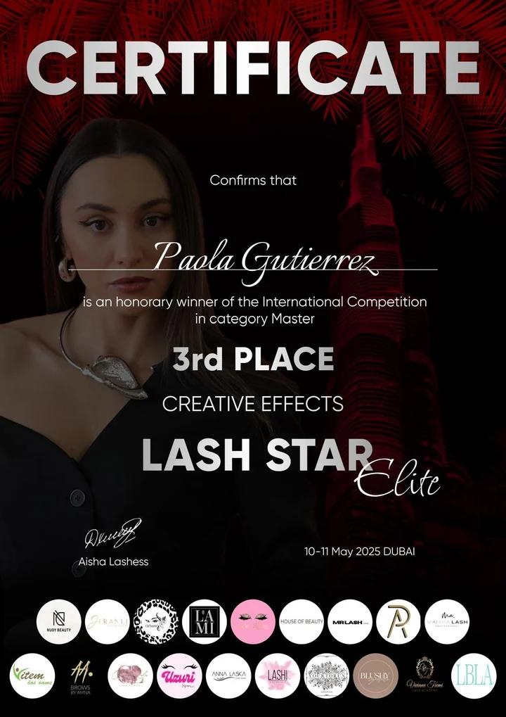 Full competition certificate: Paola Gutierrez, third place, Creative Effects, Master category, Lash Star Elite Dubai 2025