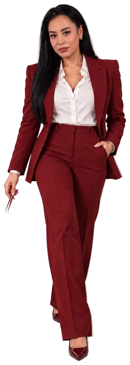 Paola Gutierrez walking towards the camera in a burgundy suit, lash tweezers in hand